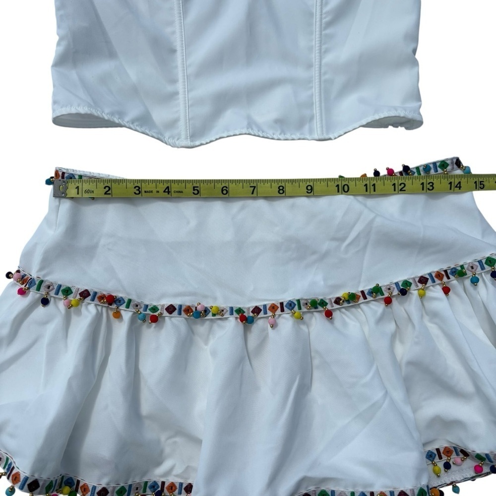 Shein Musera White Skirt & Corset Top Set Pom Pom Trim Size Small New - Picture 12 of 15